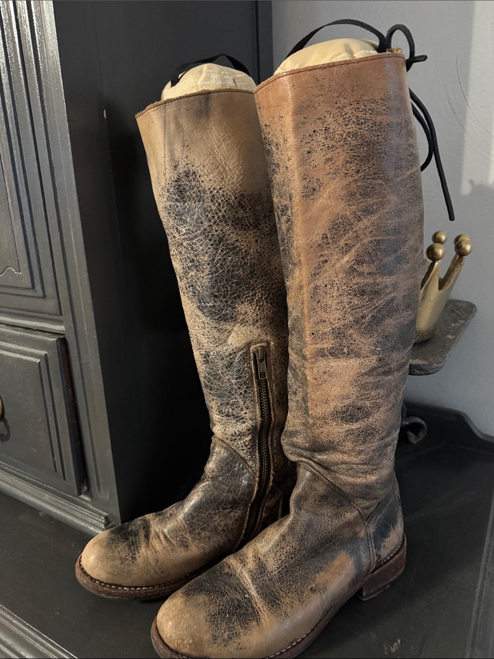 Bed Stu Two-Tone Distressed Brown Leather Lace-Up Riding Boots